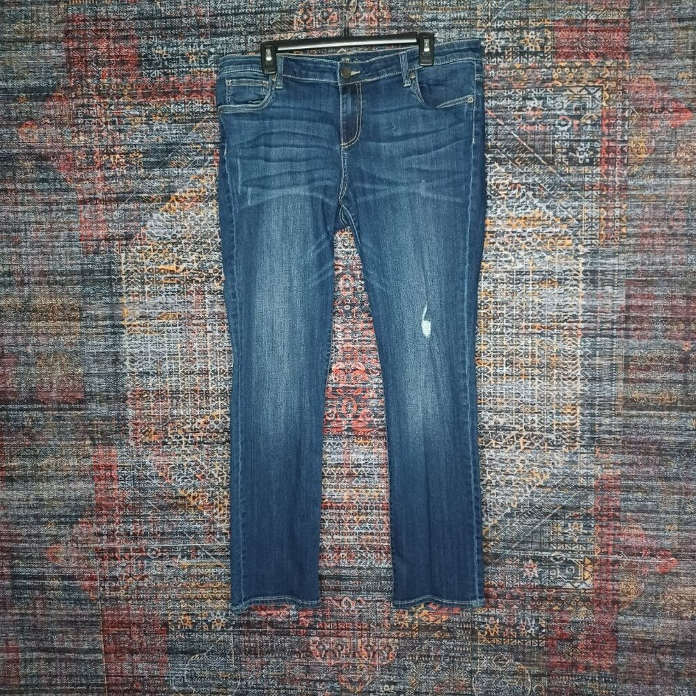 KFTK womens dark distressed rips stretch boyfriend jeans 14x32 EUC